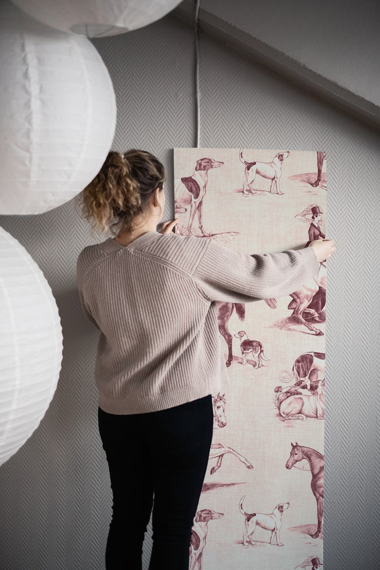 The Hunt - Equestrian Toile in Burgundy wallpaper roll