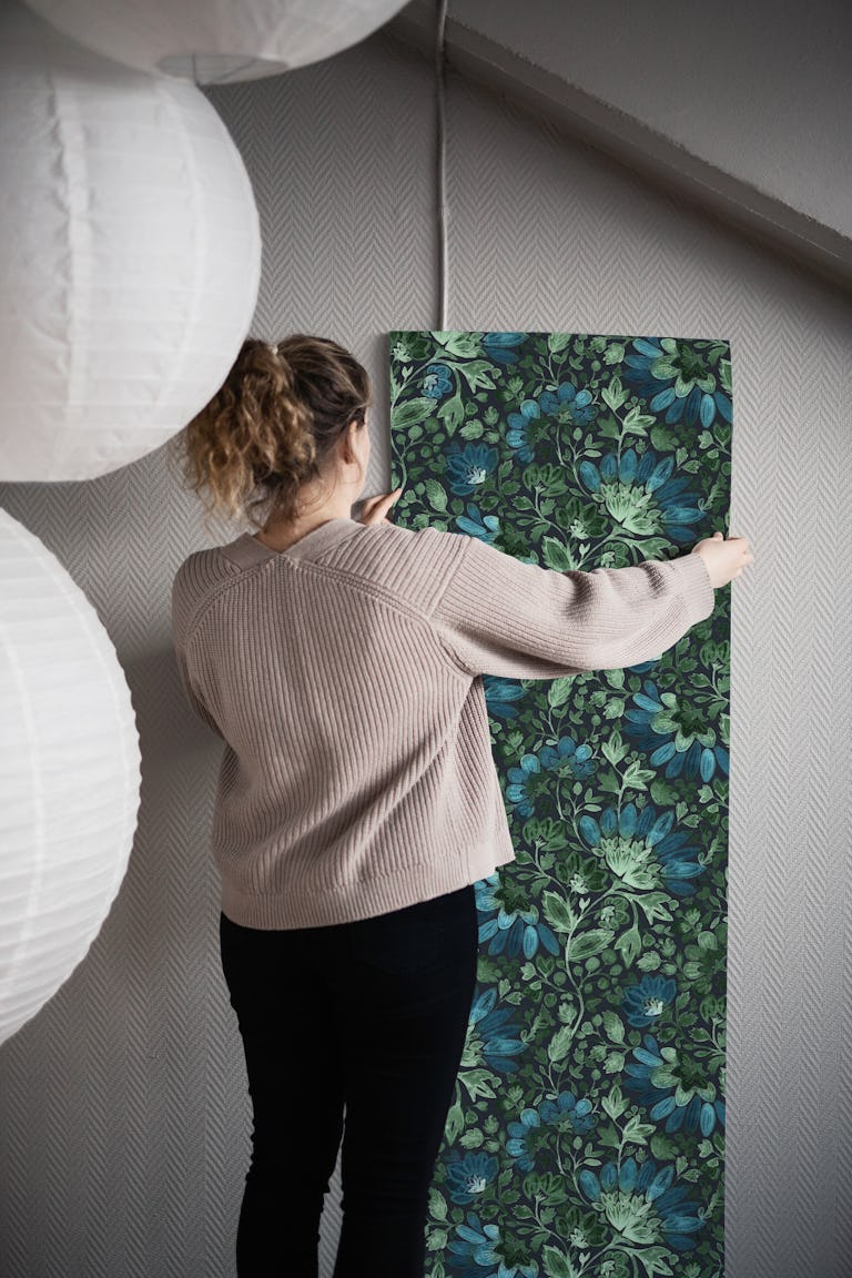 Jewel tone boho emerald green blue floral wallpaper roll