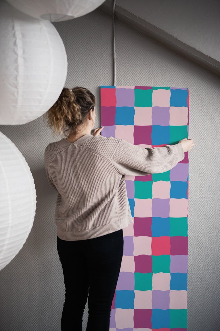 Patchwork - lilac pink emerald blue red - Med wallpaper roll