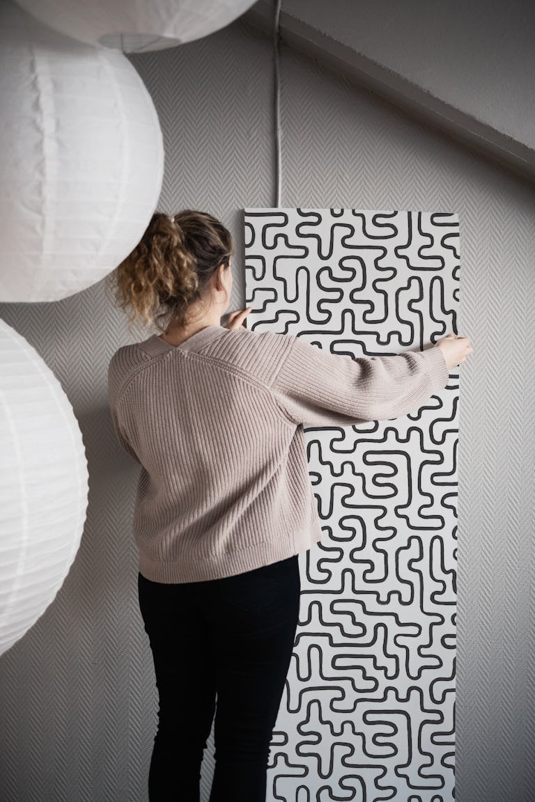 Sketchy Abstract Maze Doodle Black and White wallpaper roll