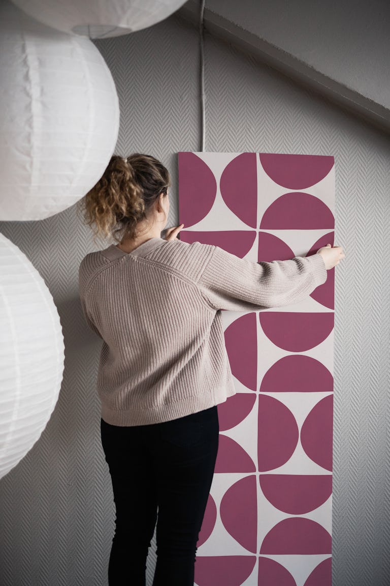 Retro Scandi Shapes Mod Geometric - Burgundy wallpaper roll
