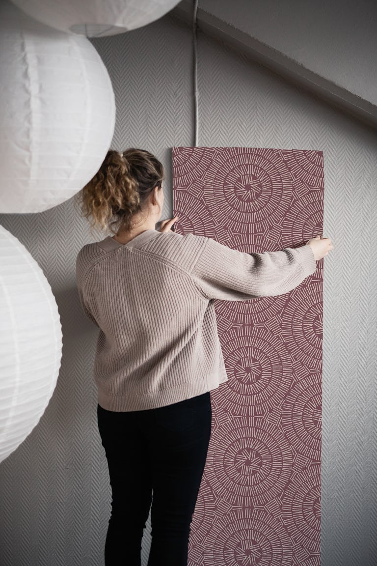 Boho Lines Circles Tribal Shapes Burgundy wallpaper roll