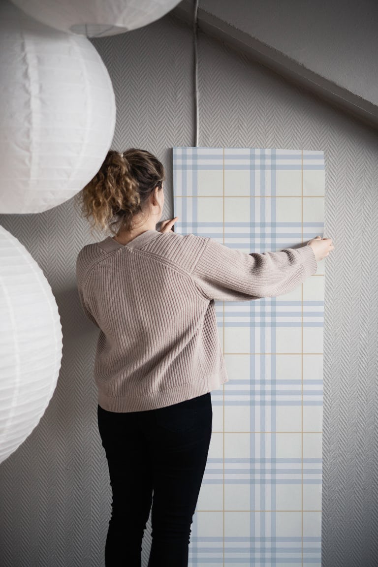Modern Urban Tartan in Powder Blue and Beige wallpaper roll