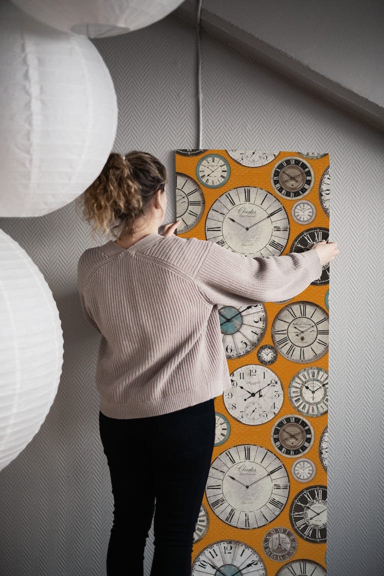Vintage Clocks orange wallpaper roll