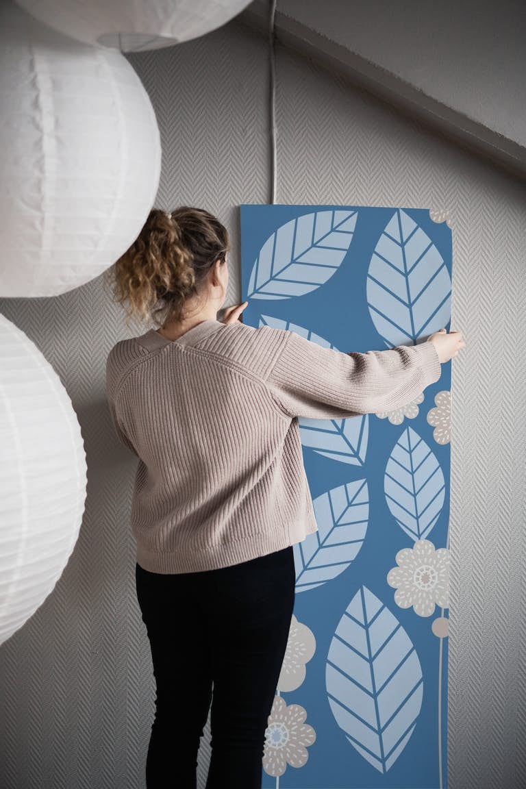 Blue Pastel Leaves Pattern wallpaper roll
