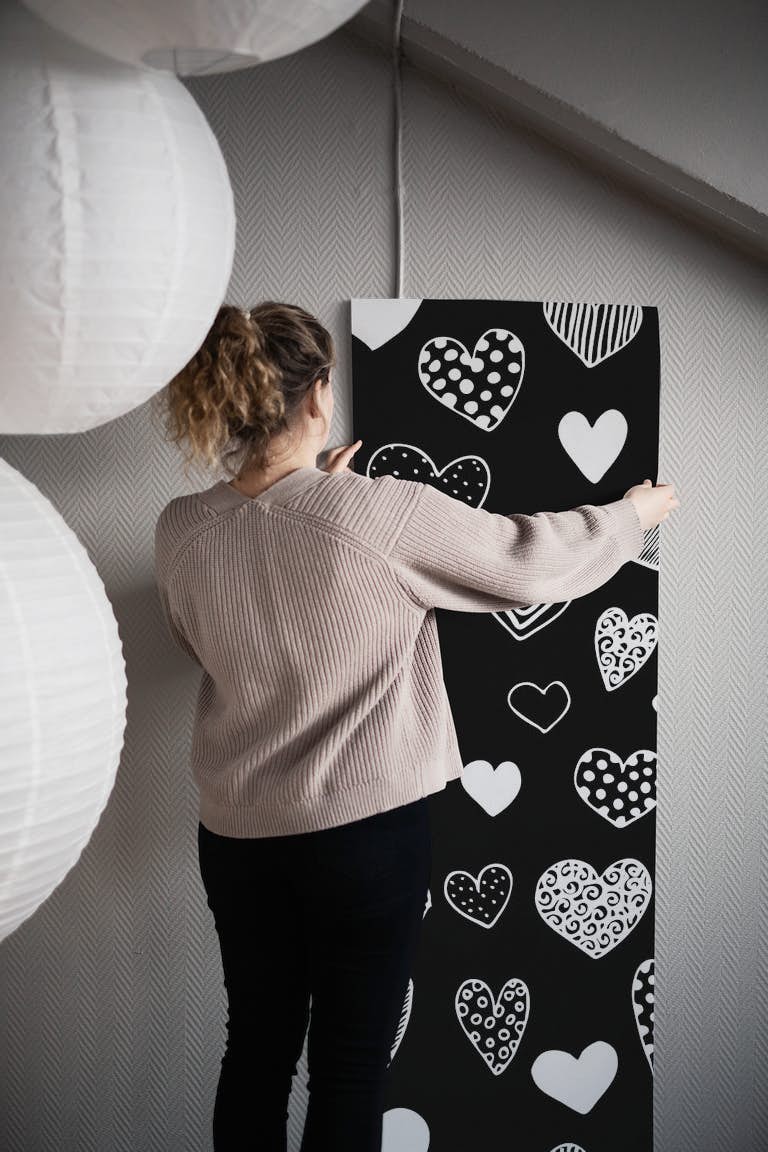 Heart Doodles Black and White behang roll