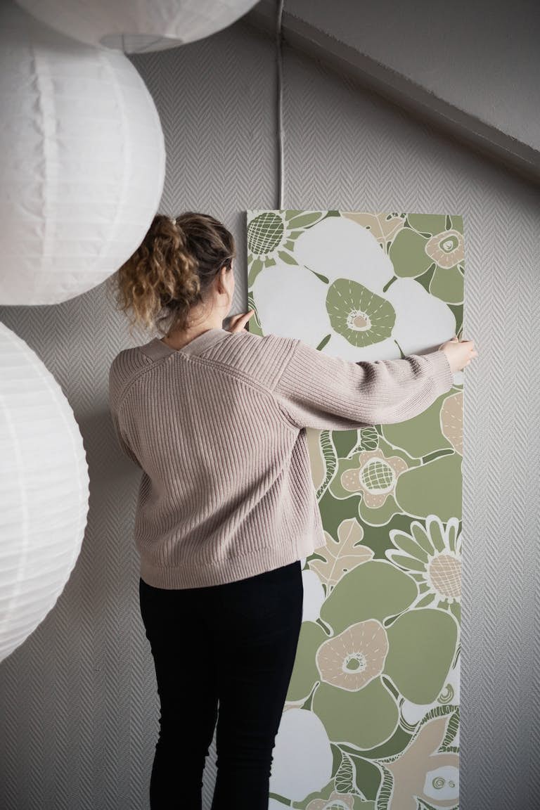 Floral Doodles in Green Beige wallpaper roll