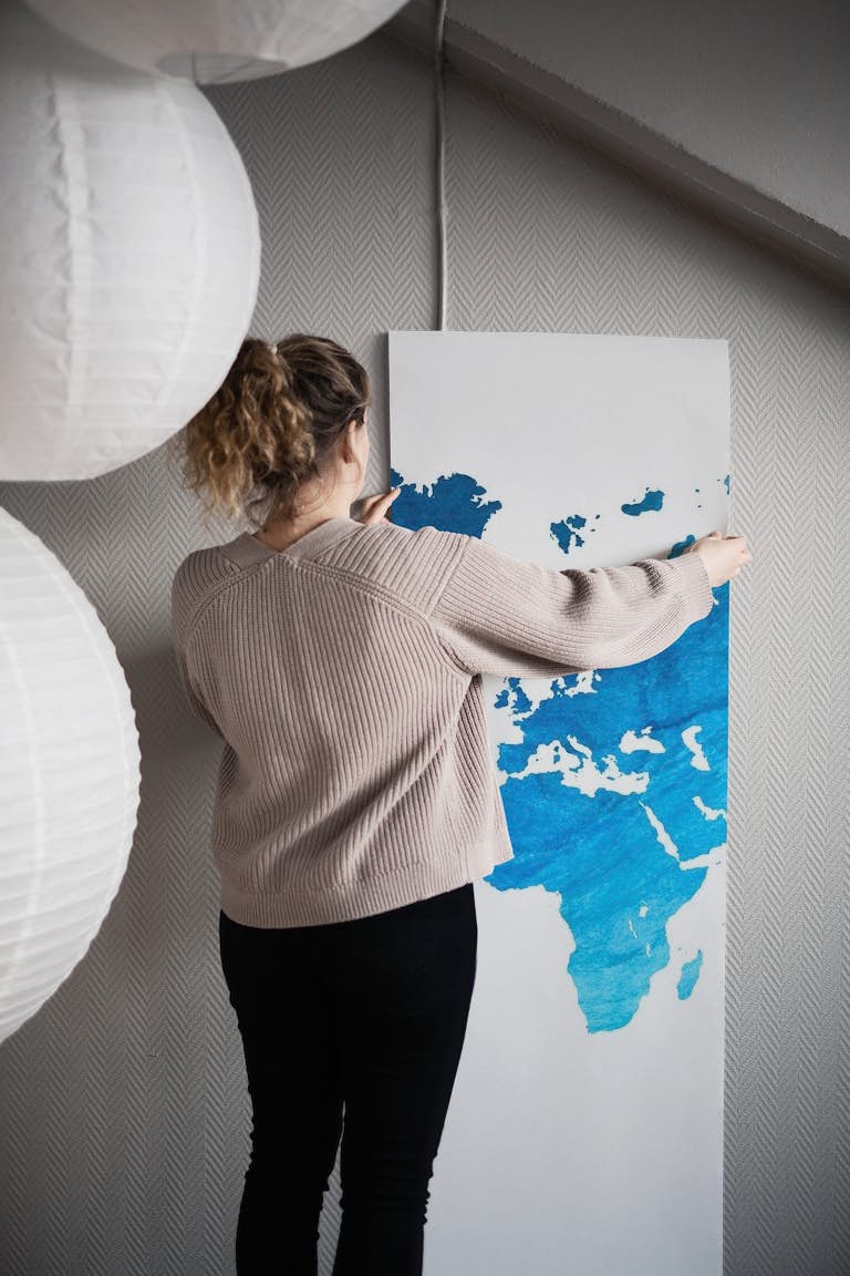 World Map Blue Watercolor papel de parede roll