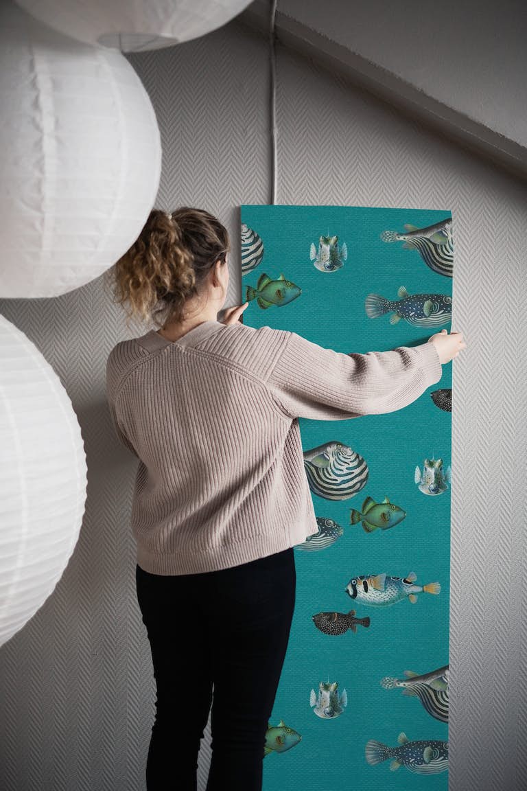 Acquario Fish in teal wallpaper roll