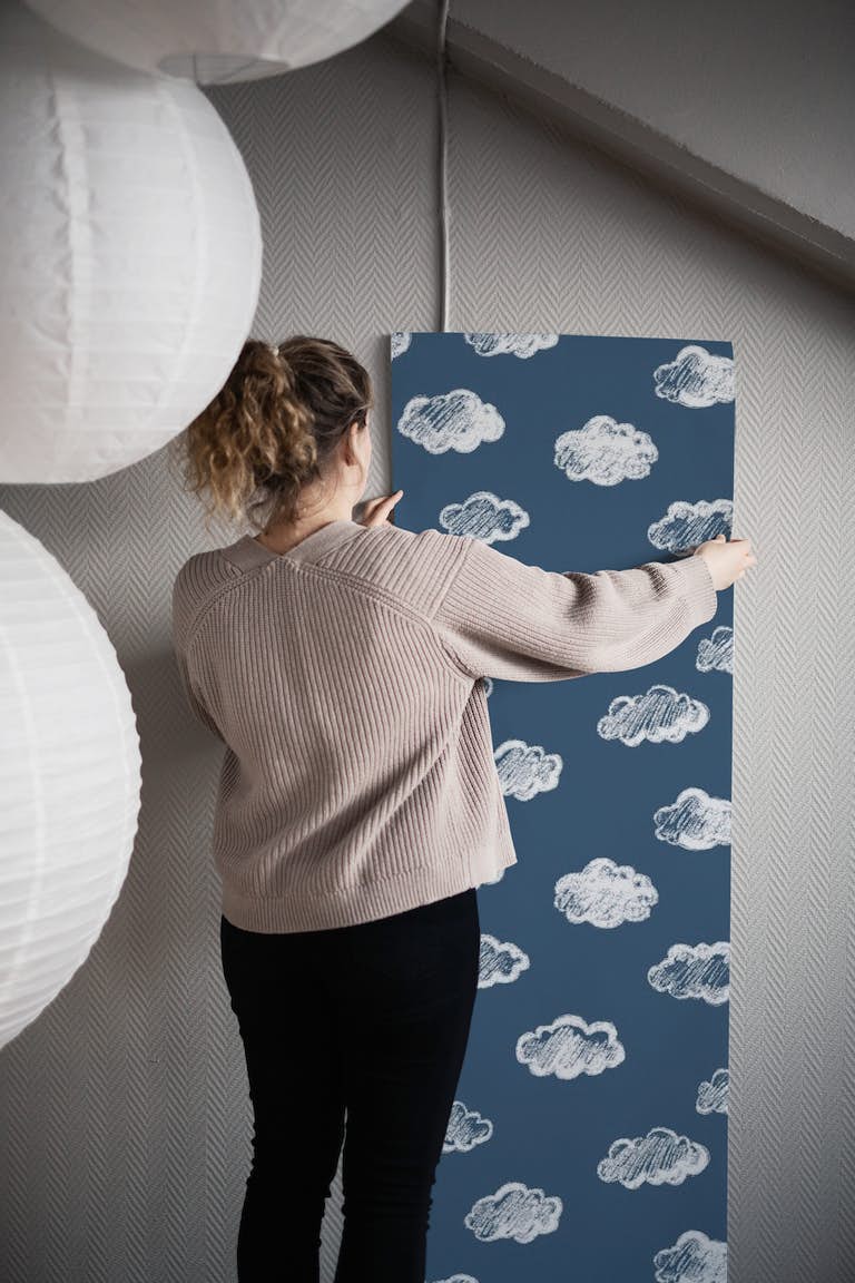 Chalk Clouds On Navy Blue wallpaper roll