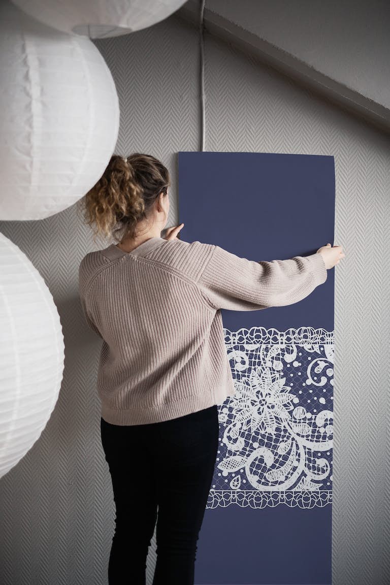 Indigo Blue White Lace Pattern papel pintado roll