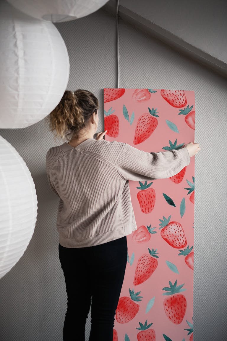 Watercolor strawberries pink wallpaper roll