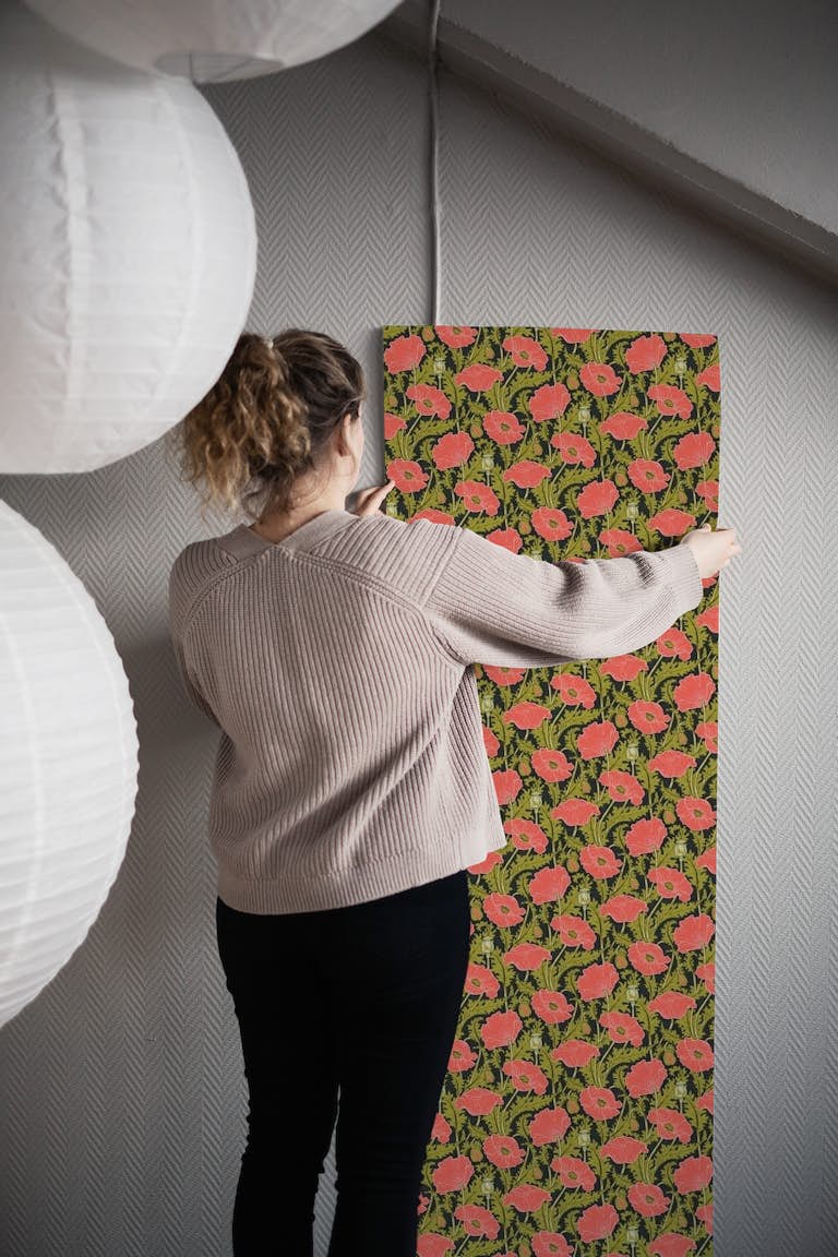 Poppies vermilion olive black behang roll