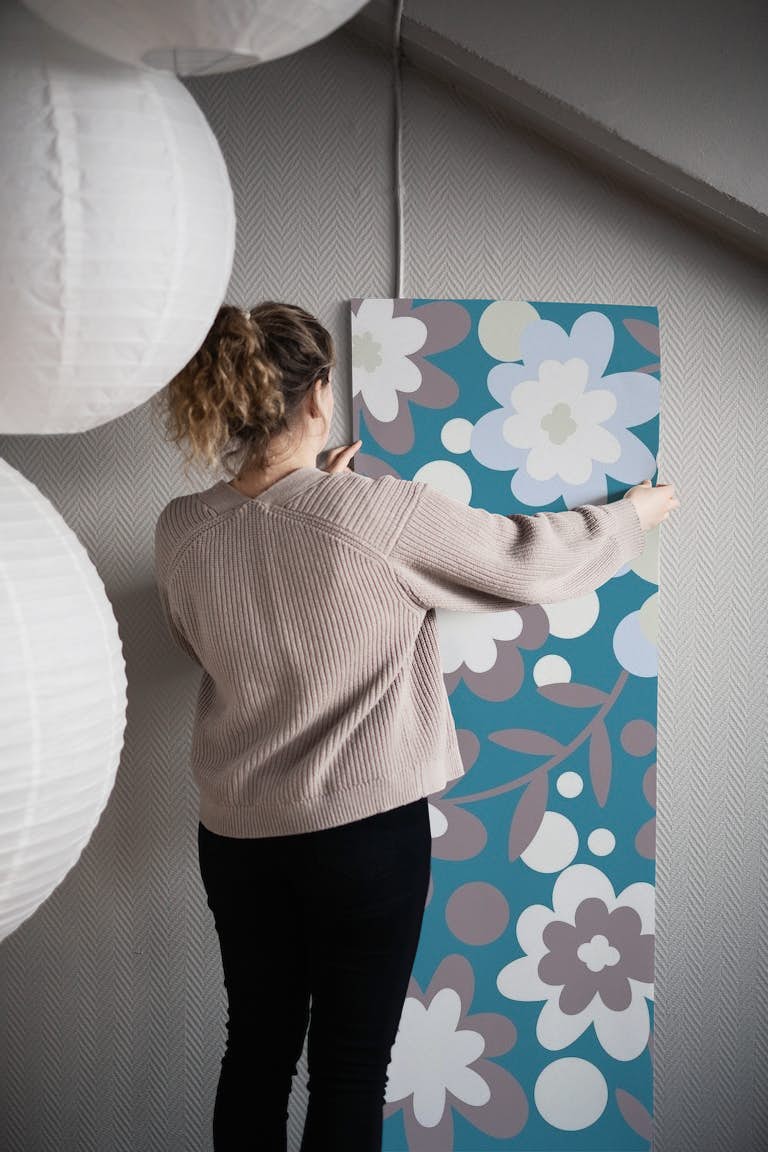 White Teal Grey Flower Pattern wallpaper roll
