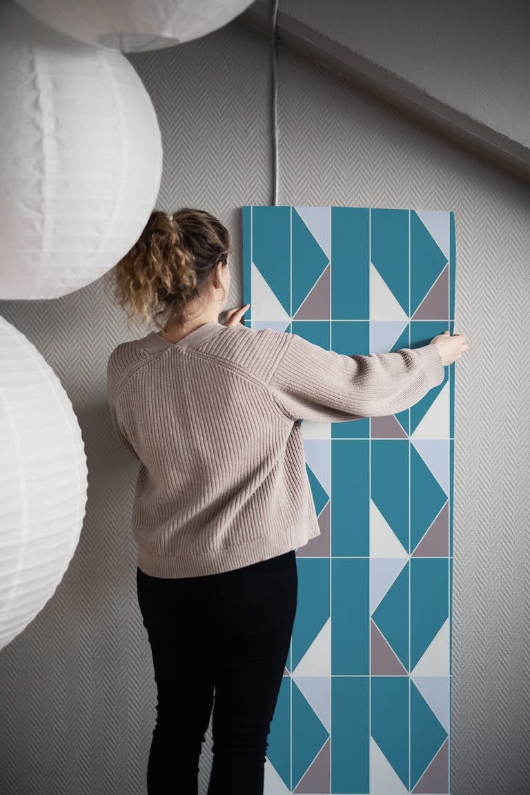 Triangle Pattern Teal White papel pintado roll