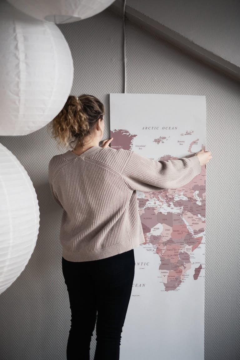 World Map Pink Cranberry wallpaper roll
