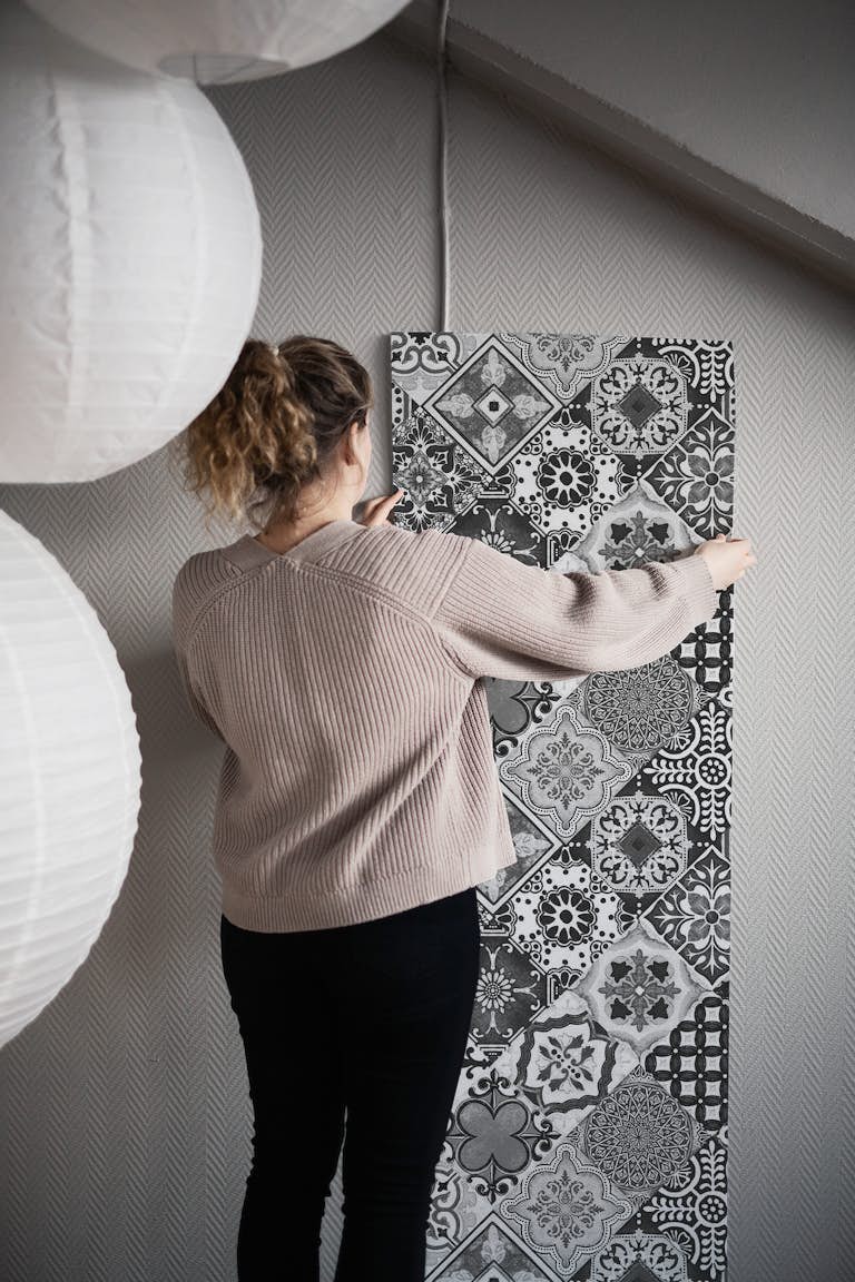 Talavera Tiles Black White wallpaper roll