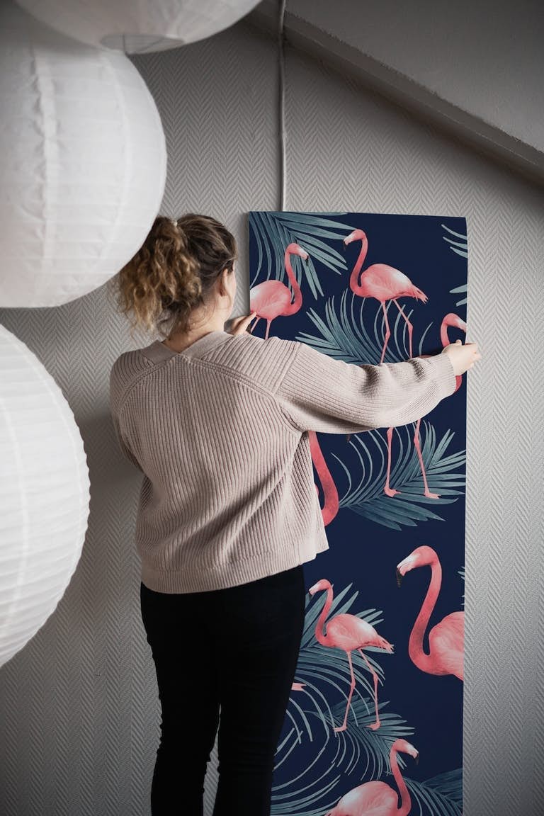 Summer Flamingo Palm Night 1 papel pintado roll