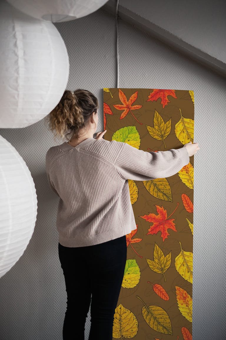 Autumn leaves on brown papel pintado roll