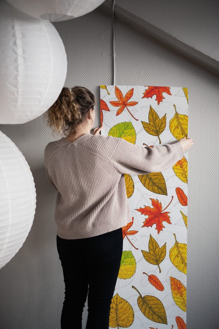 Autumn leaves on white wallpaper roll