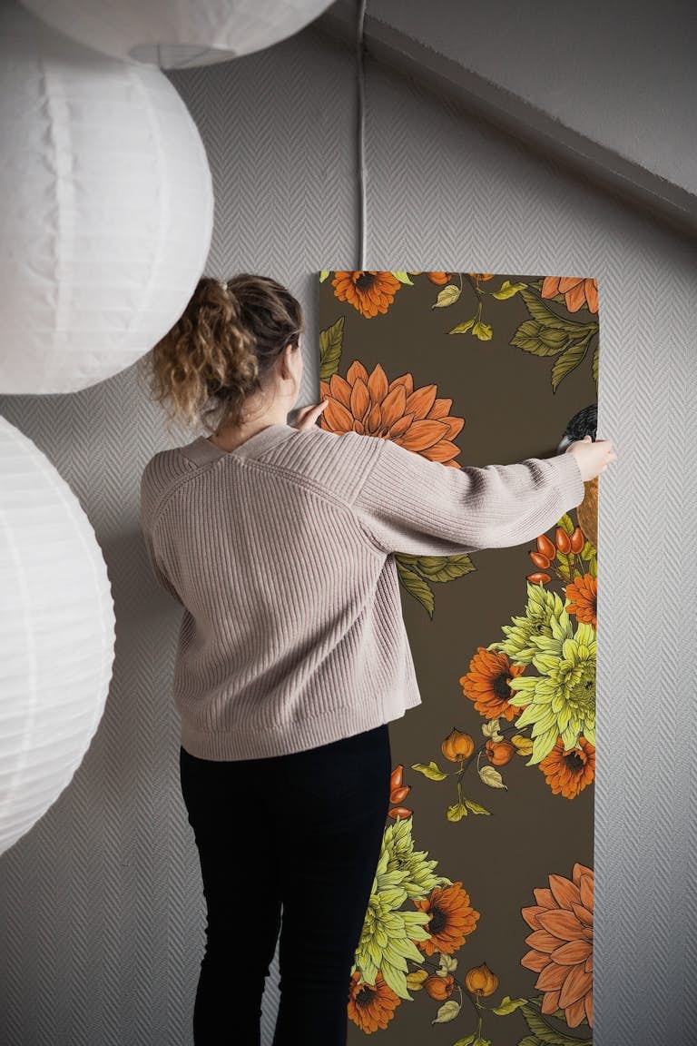 Bullfinch on autumn florals wallpaper roll