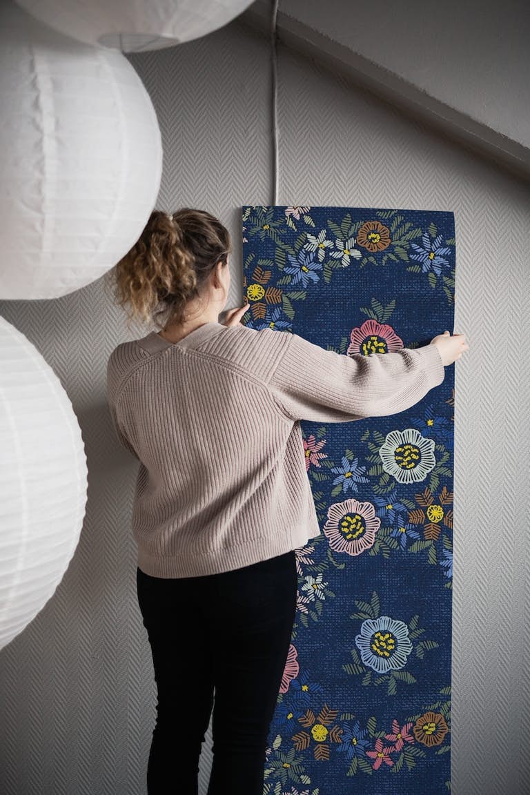 Embroidered flowers dark blue wallpaper roll