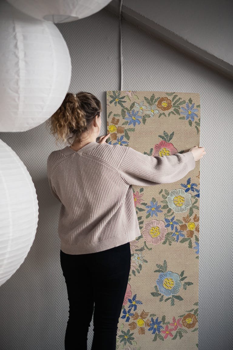 Modern embroidered flowers behang roll