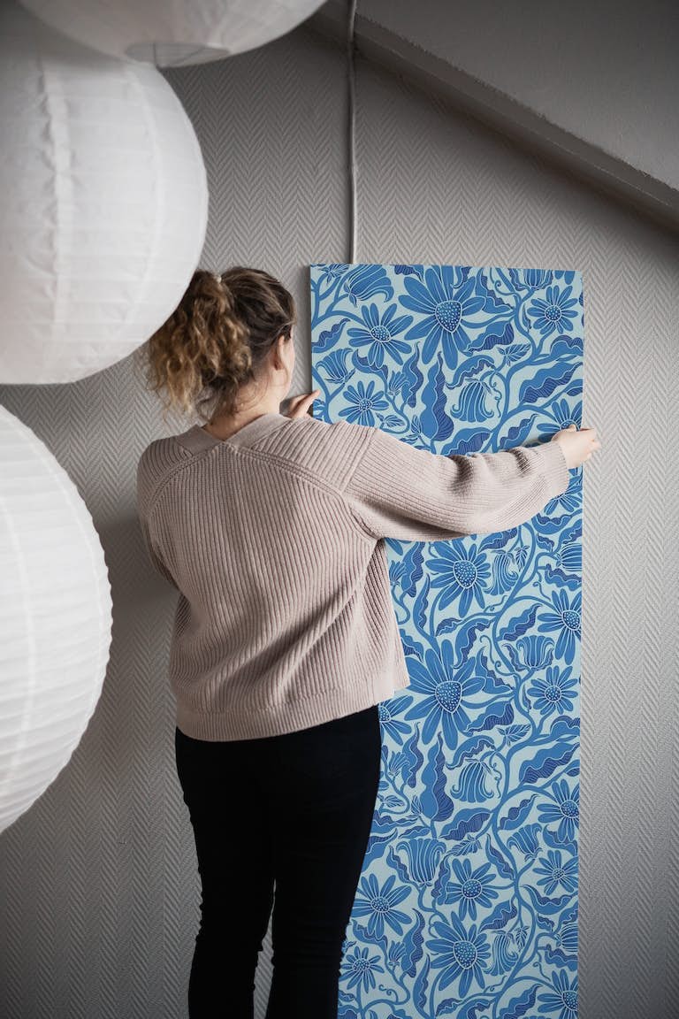 Monochrome Florals Blue papel de parede roll