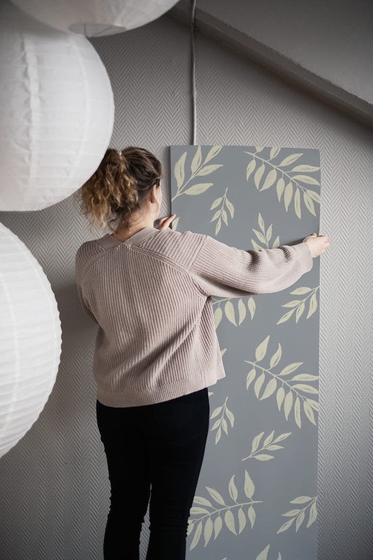 Cream leaves on grey wallpaper roll