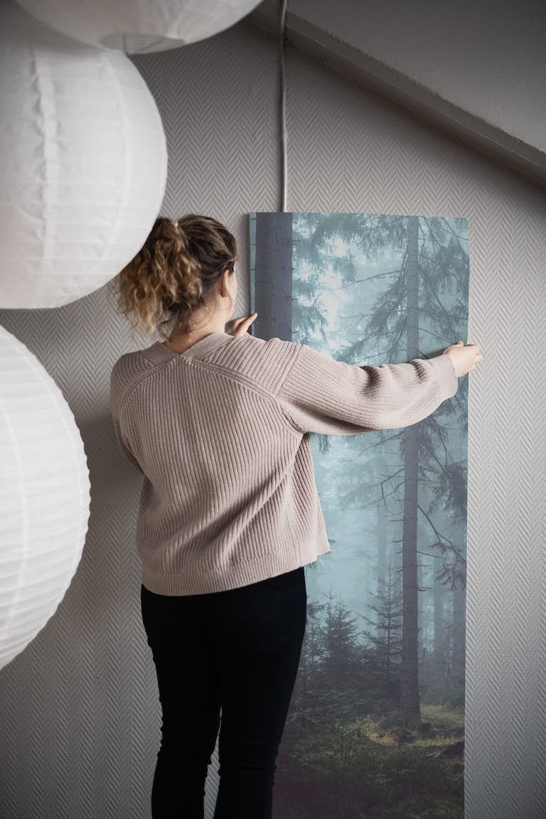 Misty pine forest wallpaper roll