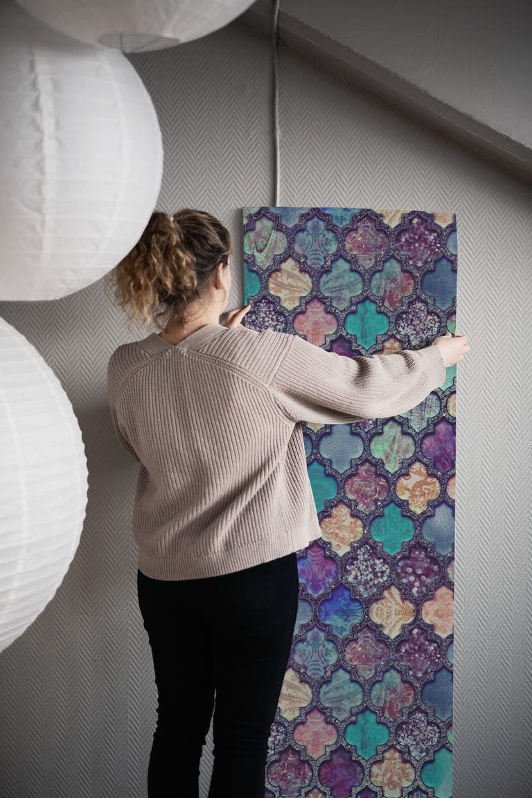 Moroccan Tiles Teal Purple papel de parede roll