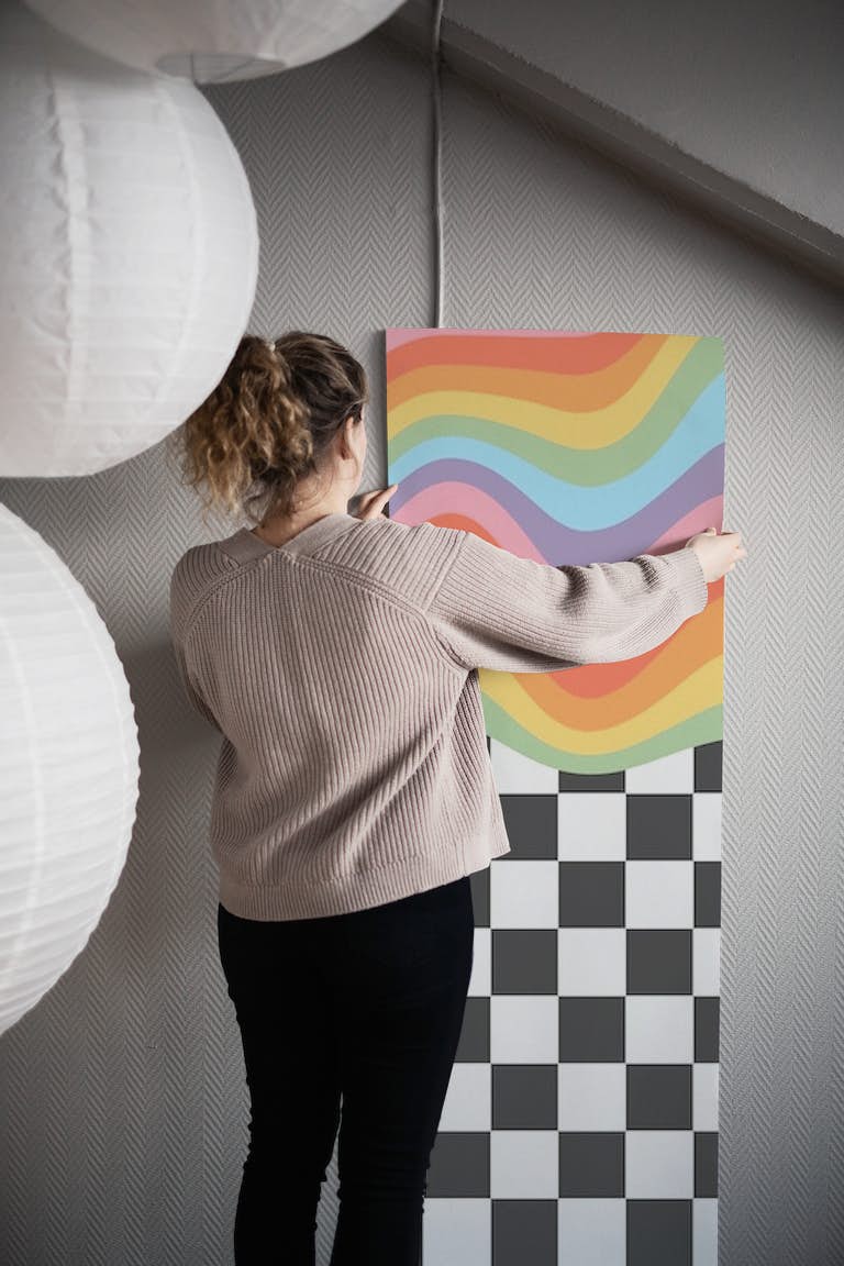 Rainbow on checkered wall behang roll