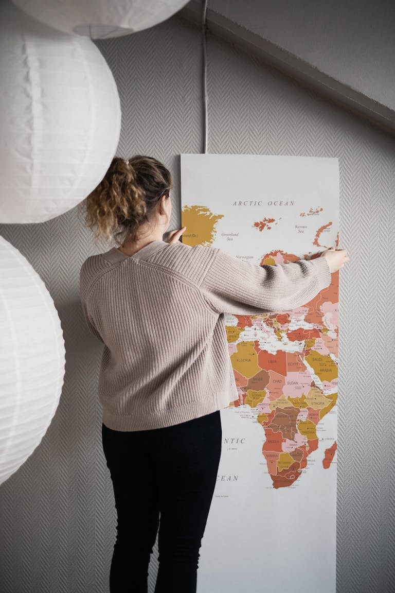 World Map Mustard Pink wallpaper roll