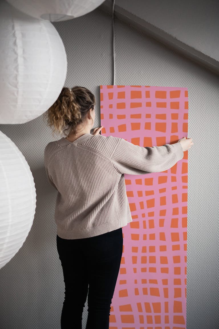 Retro grid pattern orange pink behang roll