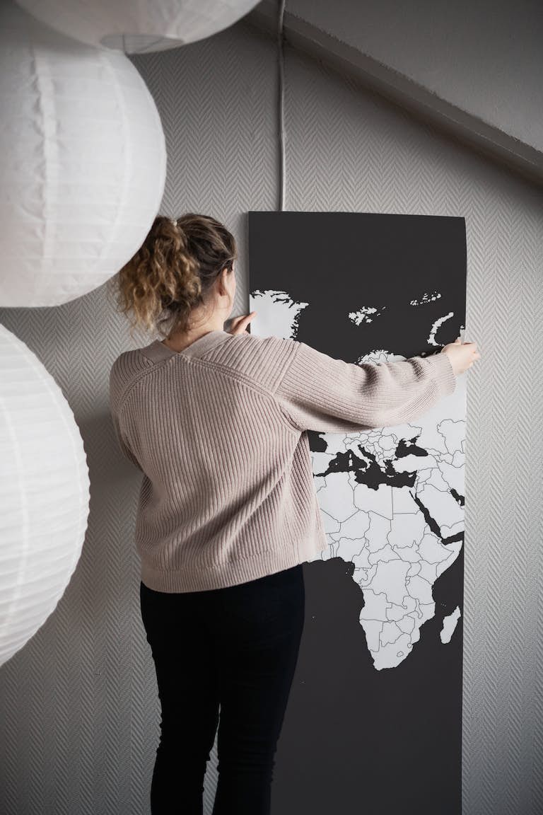 Black White World Map Outlined wallpaper roll