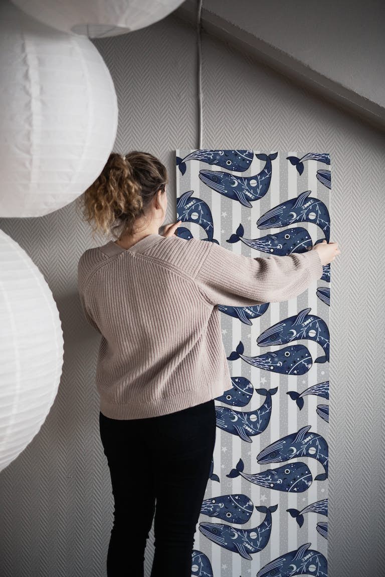 Mystic Ocean Whales Stripes wallpaper roll