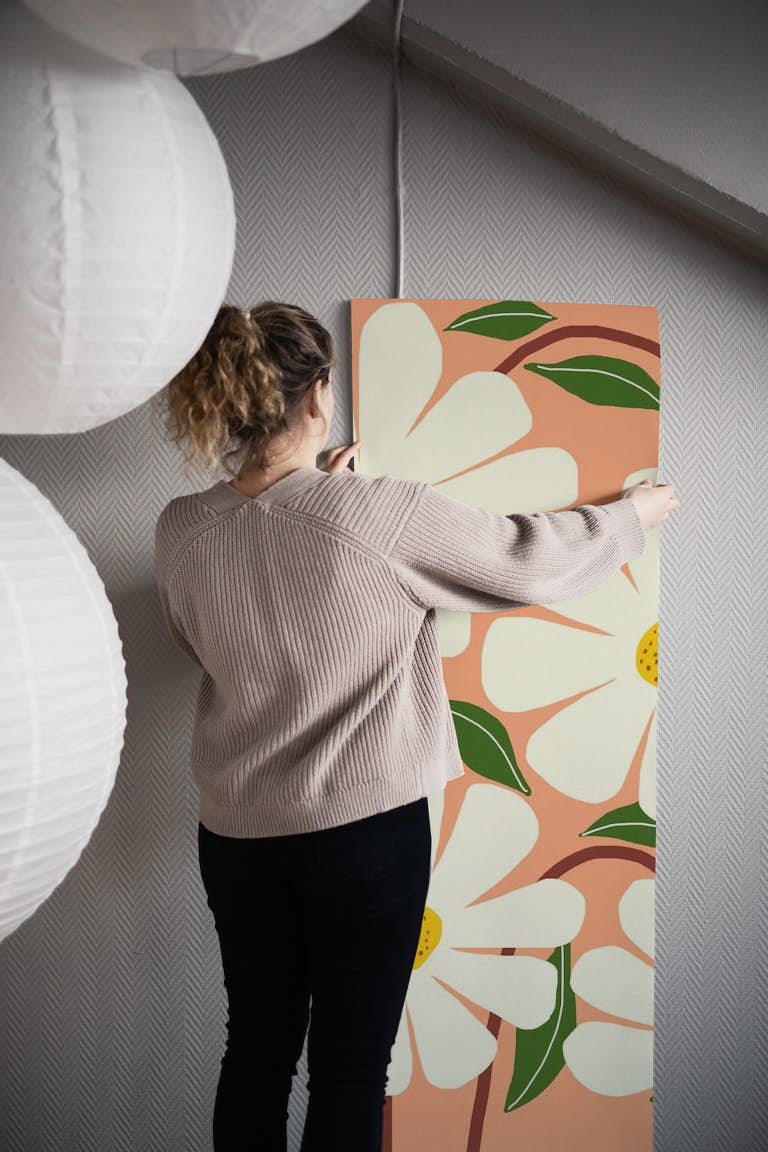 Wild Daisies - peach wallpaper roll