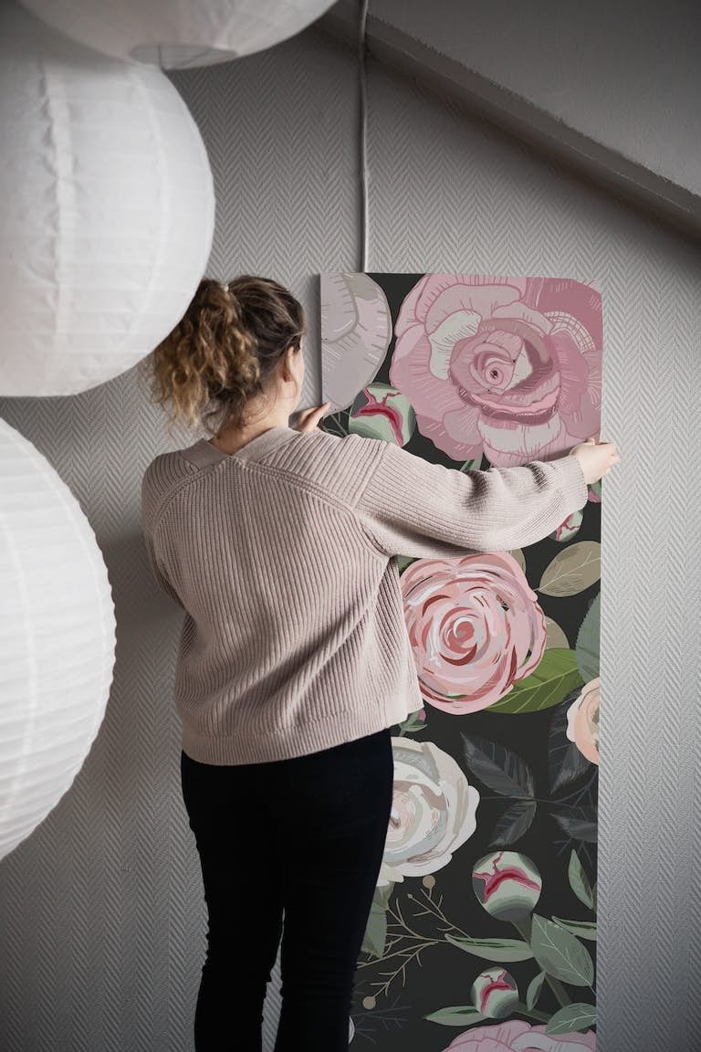 Peony and roses black behang roll