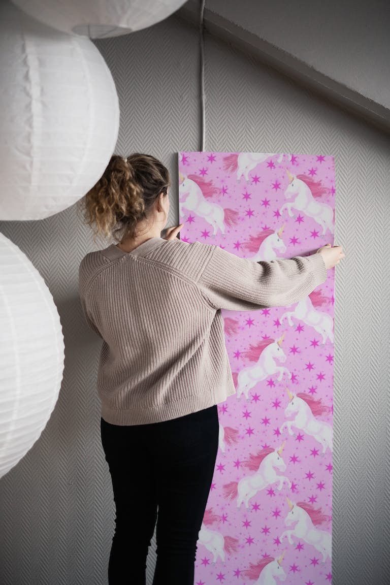 Jumping Unicorn on Pink wallpaper roll