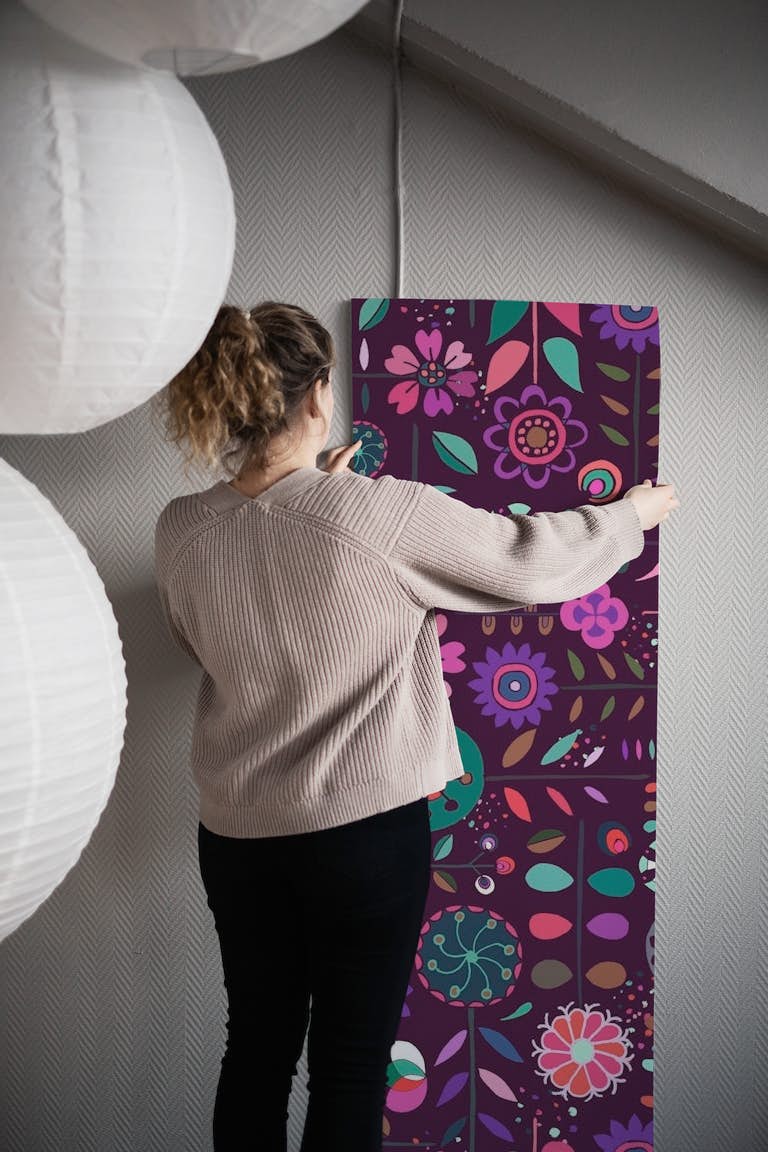 Purple Scandinavian Flowers wallpaper roll