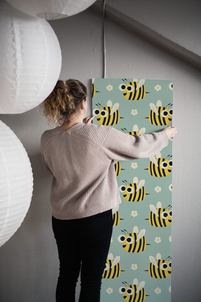 Cute Bees Blue wallpaper roll
