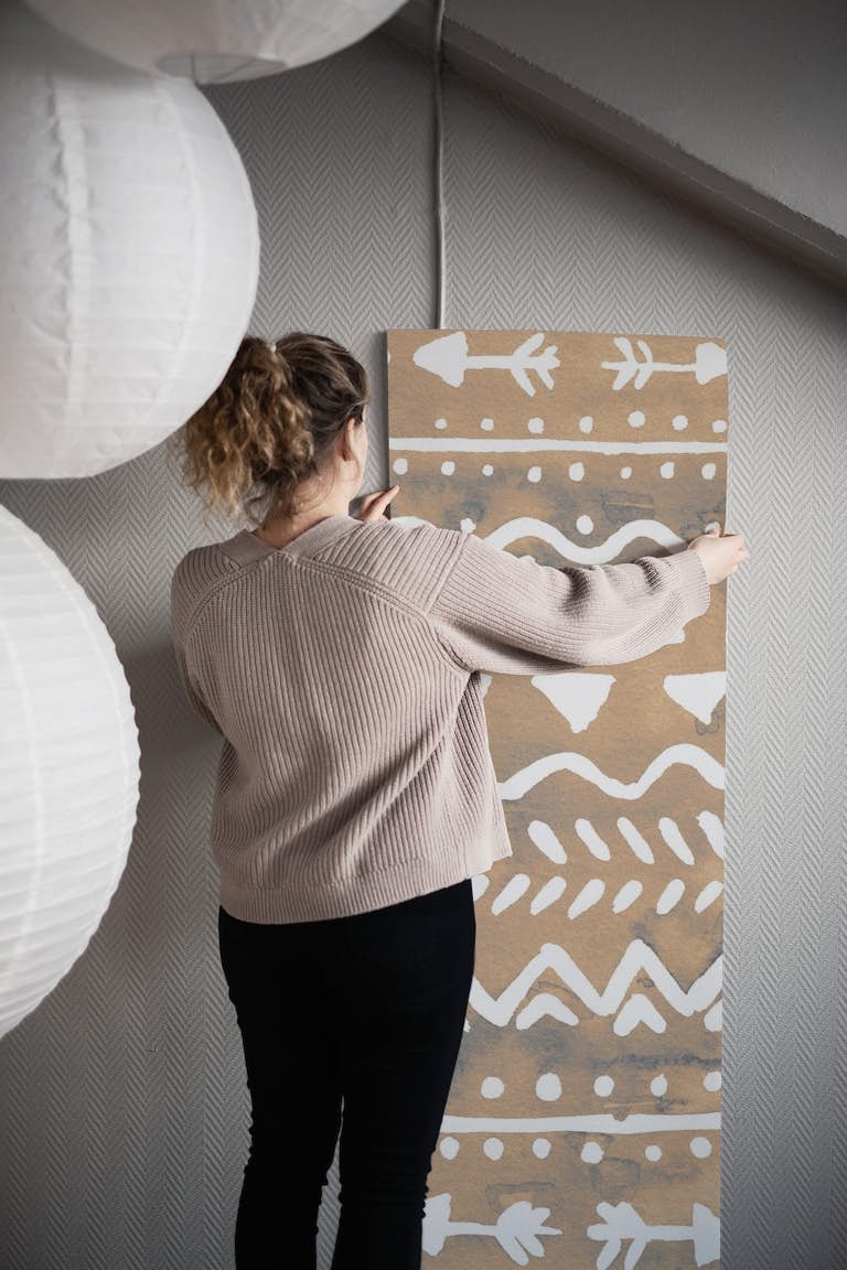 Boho tribal pattern beige wallpaper roll
