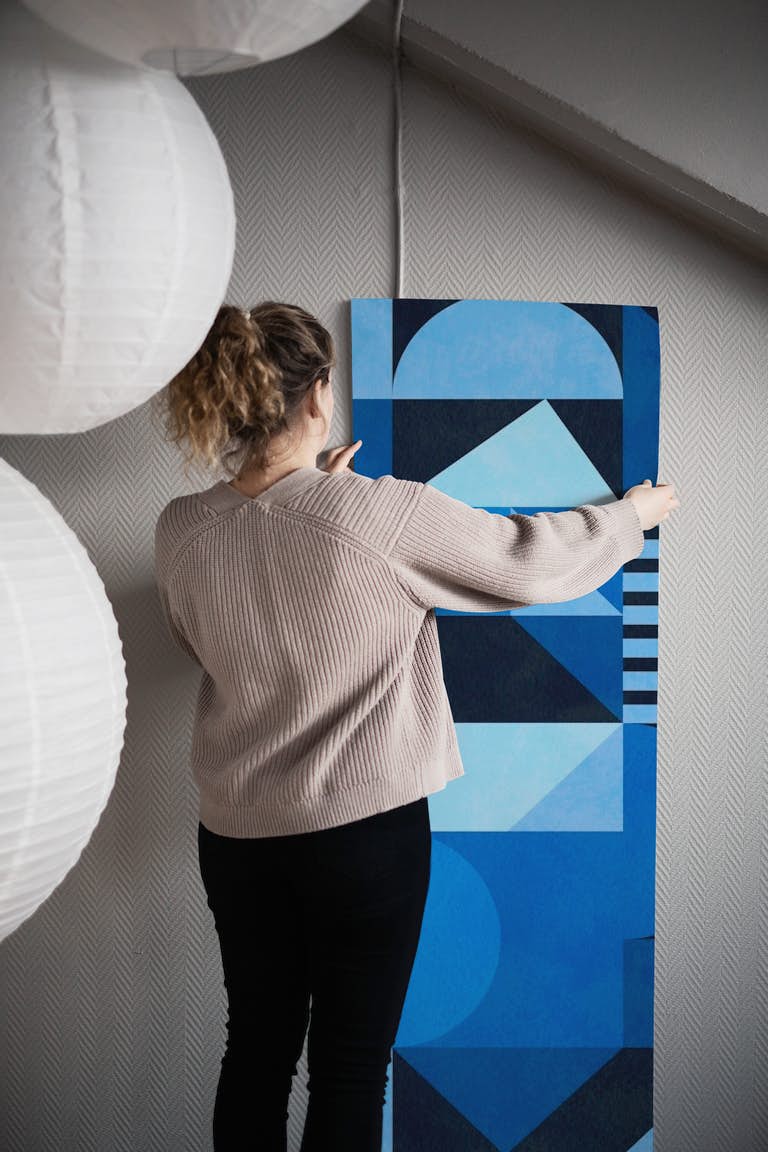 Blue geometric mid century wallpaper roll