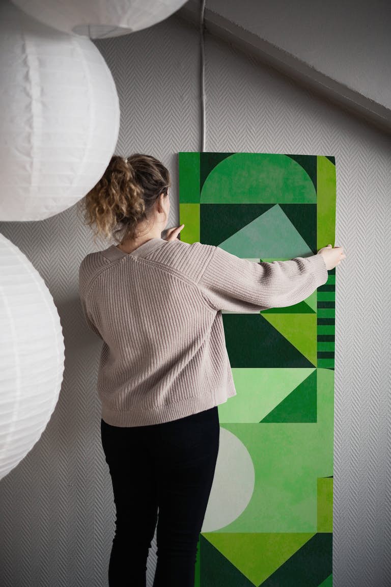 Green geometric mid century papel pintado roll