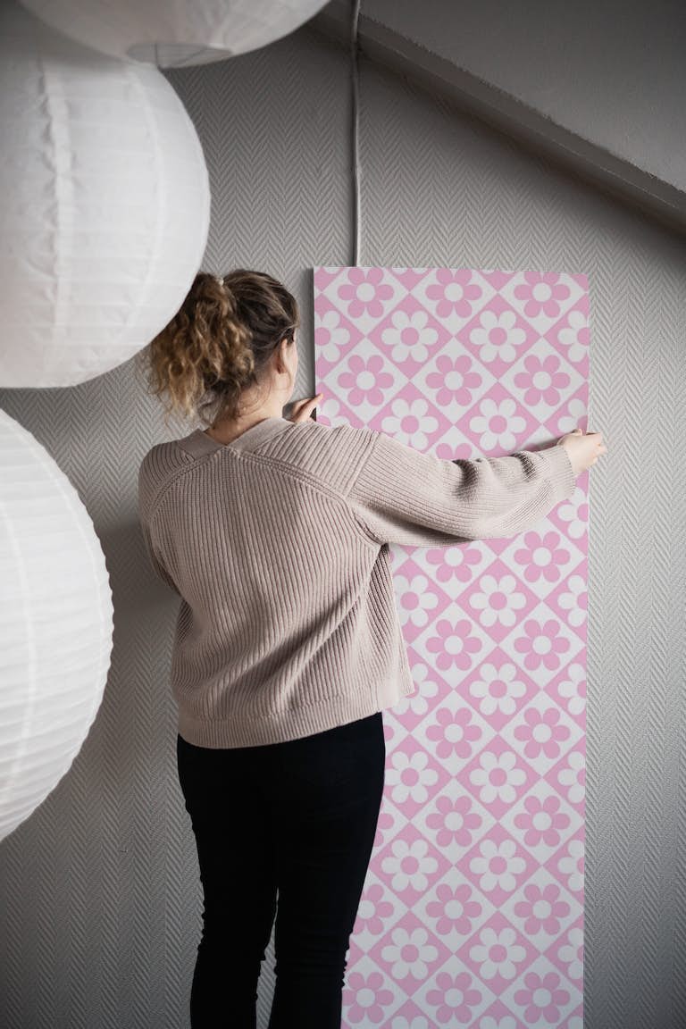 Floral Check - pink behang roll