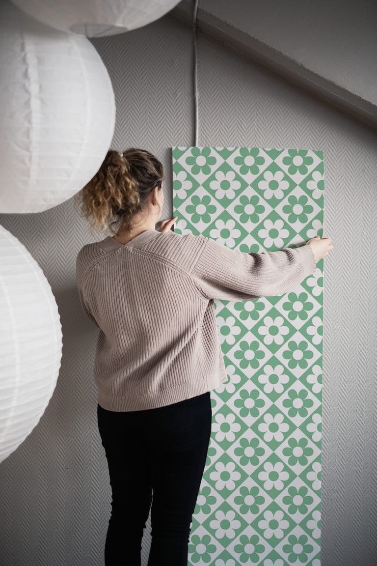 Floral Check - green behang roll