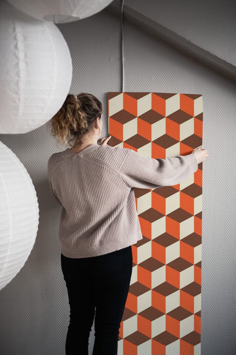 Classic mid mod - Cube Orange wallpaper roll