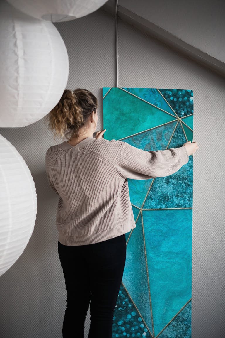 Luxury Teal Marble Triangles behang roll