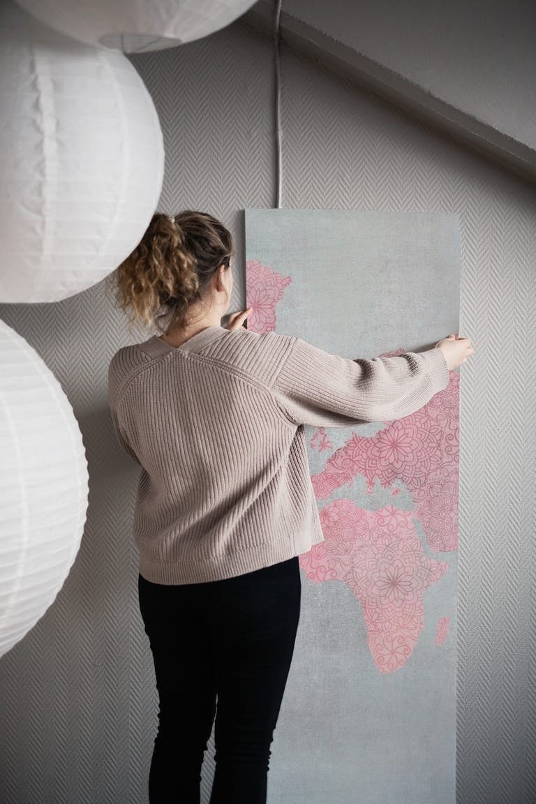 World Map Pink Grey papel de parede roll