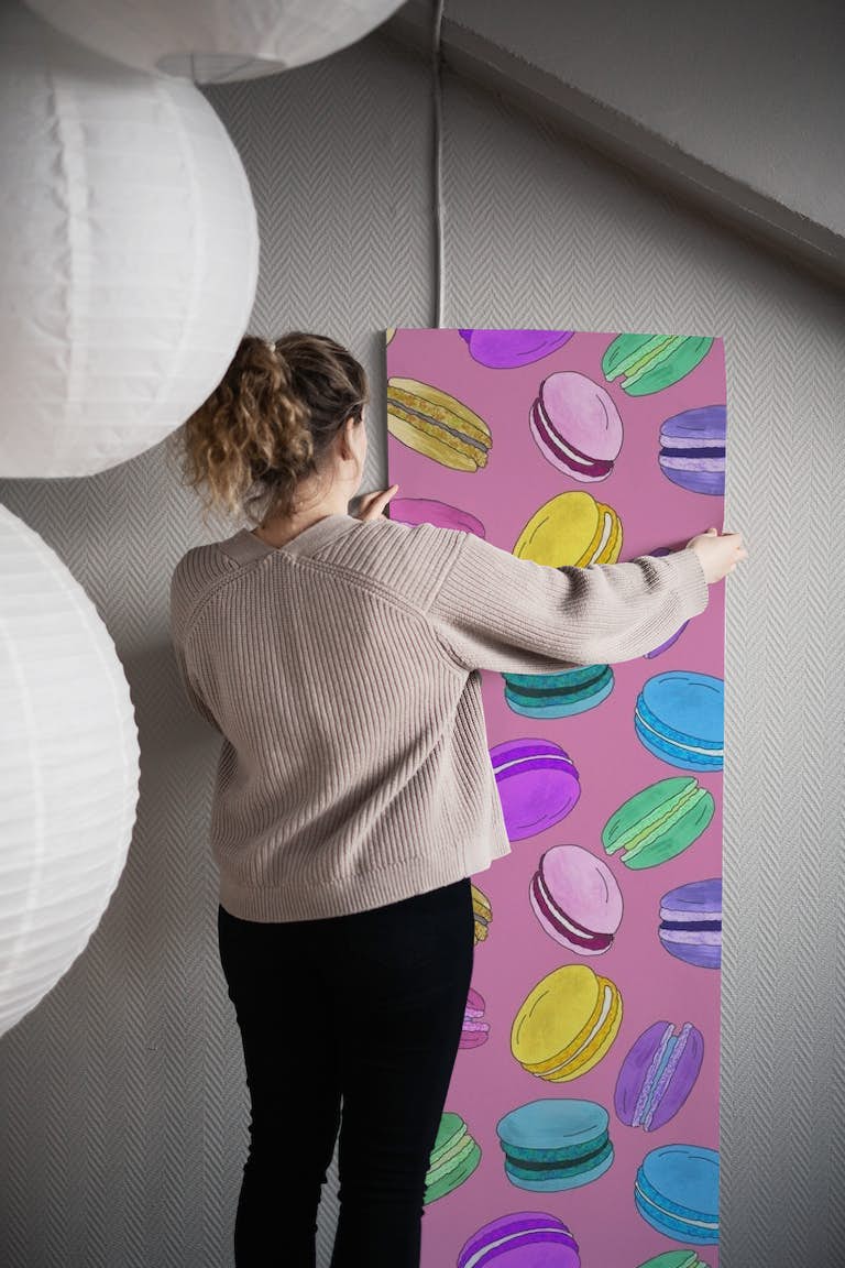 Macarons pattern on dusty pink wallpaper roll